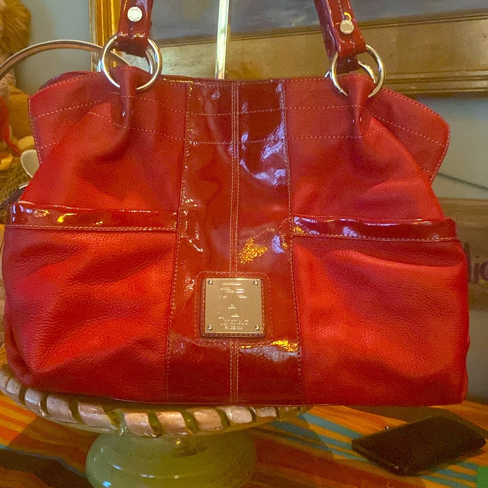 TIGNANELLO Red Pebbled Leather Handbag/Purse, Two Strap Handles, Nickel Hardware